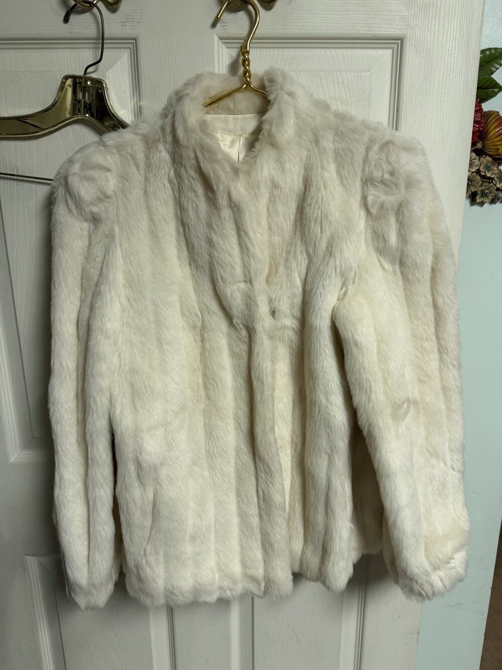 Casper White Fur Coat Long Sleeve Leather Lined Jacket Vnt 80s Small 36w 24L 90s